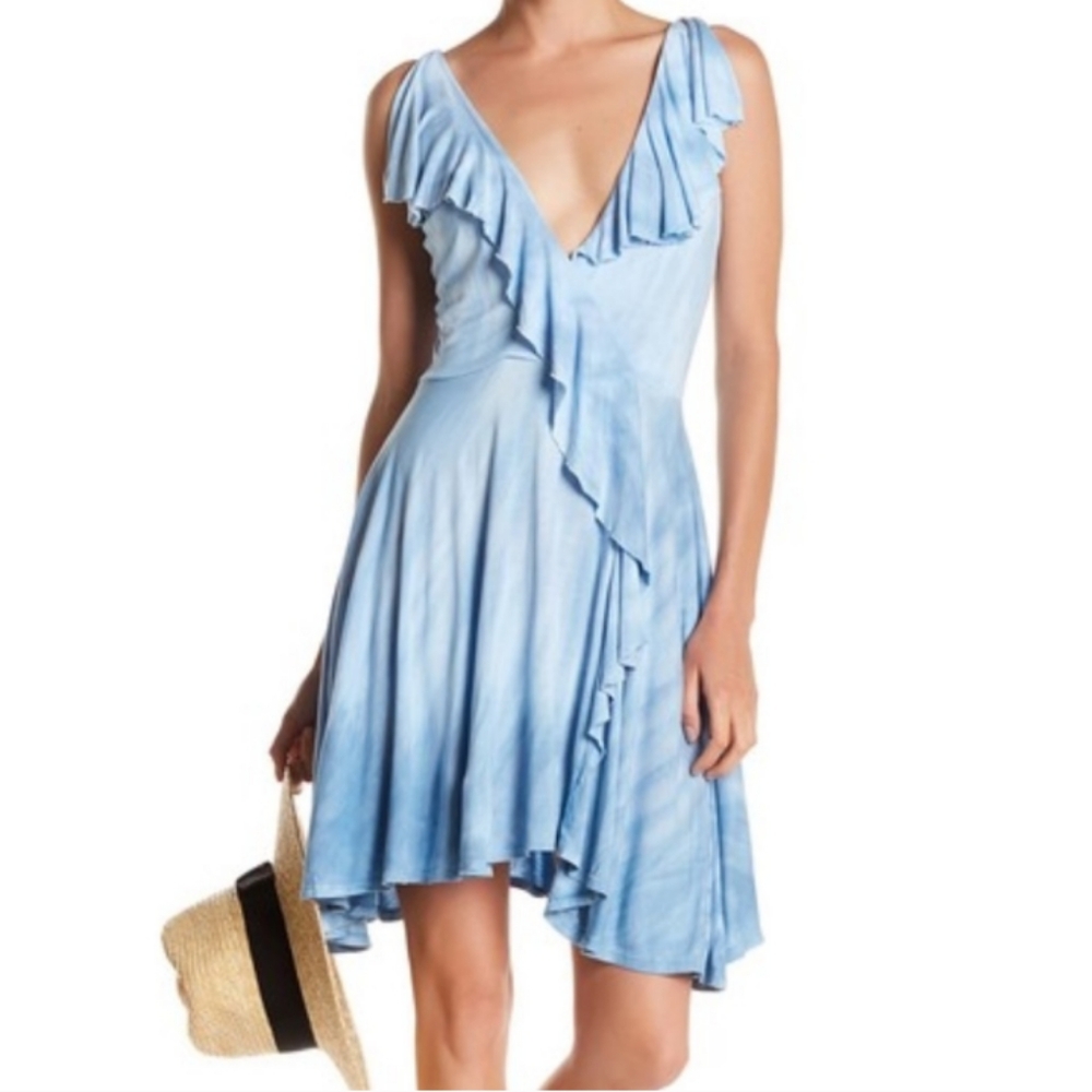 NEW GYPSY 05 Plunging V Neck Flowy Ruffle Neck Blue Cloud Tie Dye SZ XS